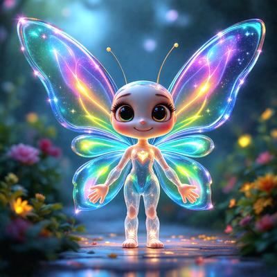 Primary subject: A colorful butterfly figurine with a heart on its chest.

Setting/background: The butterfly figurine is standing on a path surrounded by flowers.

Visual style: The image is a digital artwork featuring a colorful butterfly figurine.

Colors and mood: The colors are vibrant and lively, creating a cheerful and whimsical atmosphere.